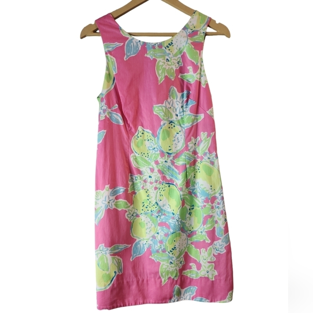 Lilly Pulitzer Delia Shift Dress Hottie Pink Lemonade Sz 4 Crochet Detail Cotton